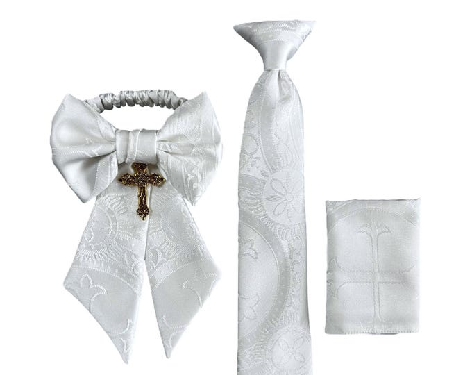 Boys Necktie Clip On, Pocket Square, and Armband Set - White Clergy Pattern Silver Cross for Communion - Boys Sizing - Crafted in the USA