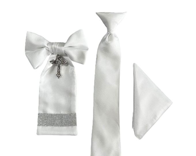 Boys Necktie Clip On, Pocket Square, and Armband - White Shantung with Gold or Silver Cross for Communion - Boys Sizing - Crafted in the USA