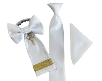 Boys Communion Necktie, Pocket Square, and Armband Set, Gold Cross, USA Made