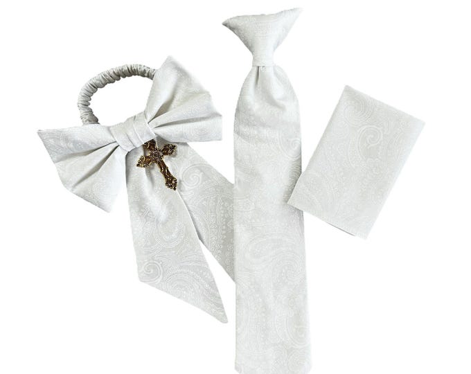 Boys Necktie Clip On, Pocket Square, and Armband - White Paisley with Gold or Silver Cross for Communion - Boys Sizing - Crafted in the USA