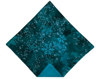 Handmade Pocket Square - Teal and Aqua Snowflakes with Silver Metallic Stars Holiday Handkerchief - Men and Boys Sizing - Crafted in the USA