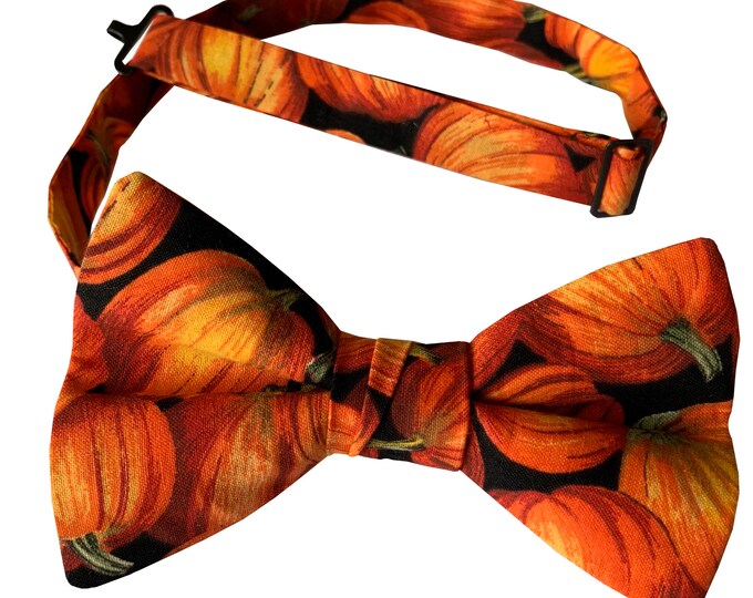 Handmade Pretied Bow Tie - Festive Autumn Orange Pumpkin Patch Design - Cotton Bow Tie - Adult Men's Sizing - Crafted in the USA