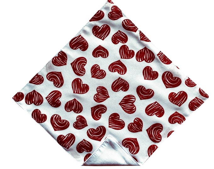 Valentine Pocket Square - White with Red Glitter Hearts Handkerchief - Adult Mens and Boys Sizing - Handcrafted in the USA