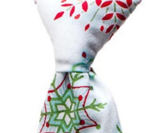Handmade Neck Tie - Snowy White with Red, Green and Blue Holiday Snowflakes - Toddler and Boys Sizing - 208.860.0879 - Crafted in the USA