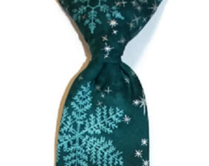 Handmade Neck Tie - Teal Snowflakes with Silver Metallic Stars - Toddler and Boys Sizing - 208.860.0879 - Crafted in the USA