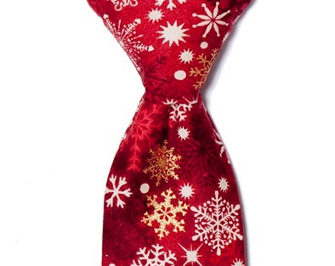 Handmade Neck Tie -  Apple Red and White Snowflake with Gold Metallic Accents  - Toddler and Boys Sizing - 208.860.0879 - Crafted in the USA