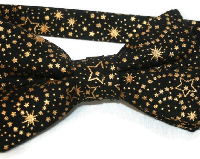 Handmade Pre-Tied Bow Tie - Black with Gold Metallic Star Celebration Cotton Bow Tie - Baby to Adult Men's Sizing - Crafted in the USA