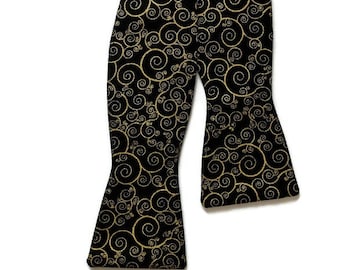 Self-Tie Bow Tie - Black with Gold Metallic Paisley  Swirls - Adult Men's Sizing - Crafted in the USA