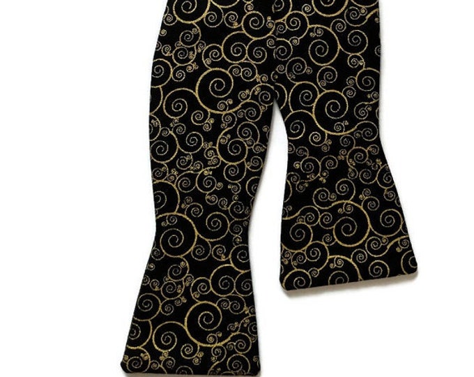 Self-Tie Bow Tie - Black with Gold Metallic Paisley  Swirls - Adult Men's Sizing - Crafted in the USA