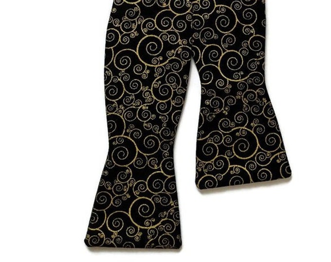 Self-tie Bow Tie - Black with Gold Metallic Swirl Design - Mens and Boys Sizing - Crafted in the USA