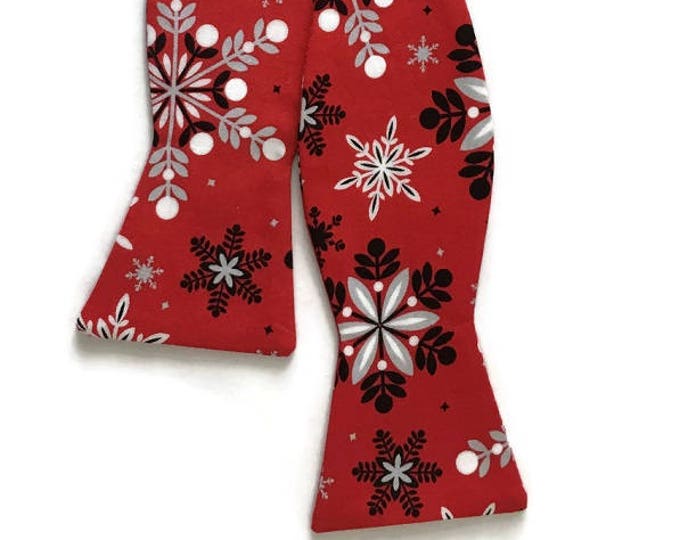 Snowflake Self-Tie Bow Tie - Holiday Red, Black, White, Grey - Adult Men's & Boy's Sizing - Handcrafted in the USA