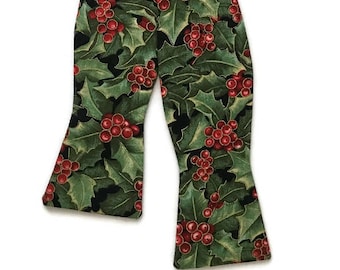 Handmade Holly Berry Bow Tie - Green Red Gold Metallic, Mens Self-Tie