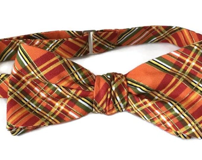 Pretied Autumn Plaid Bow Tie – Adjustable Fall Wedding Accessory – Cotton Fabric USA