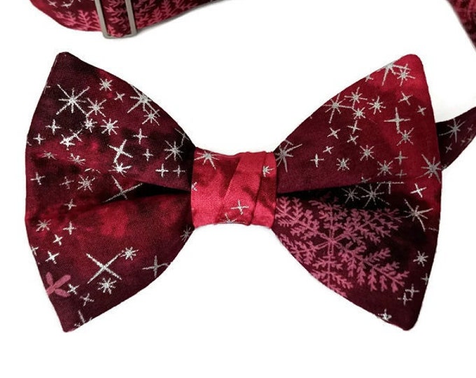 Handmade Pre-Tied Bow Tie - Handmade Berry Snowflakes with Silver Stars Design - Baby to Adult Men's Sizing - Crafted in the USA