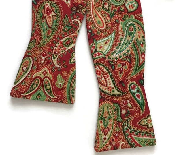 Self-Tie Bow Tie - Holiday Paisley in Red, Green and Gold Metallic Design - Mens and Boys Sizing - Crafted in the USA