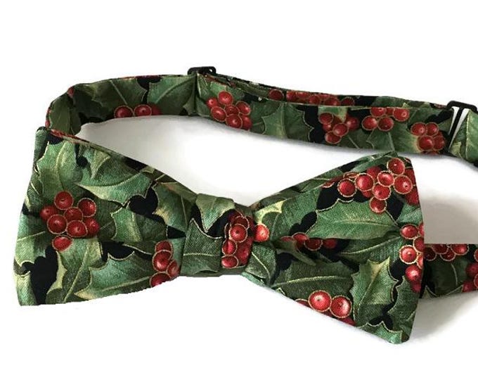 Handmade Pretied Bow Tie - Holiday Green Holly Berry - Adult Mens Sizing - Crafted in the USA