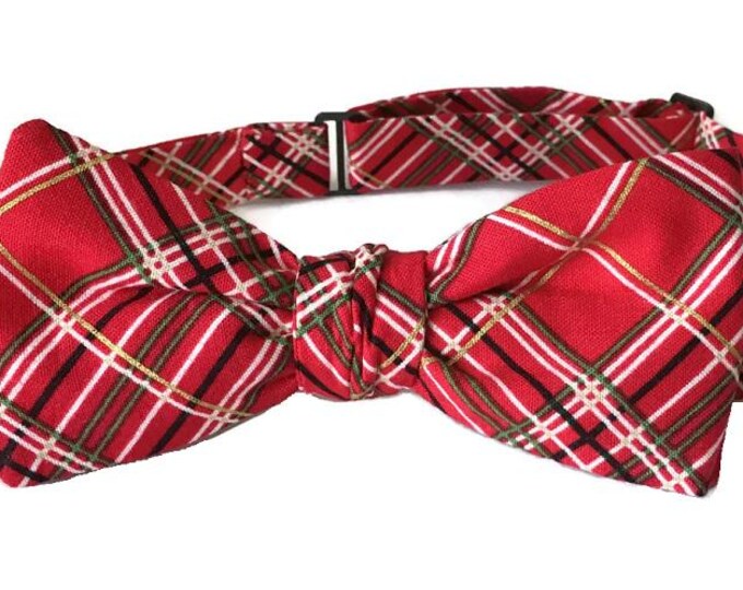Pre-tied Red Plaid Cotton Bow Tie – Men's Sizing, USA Crafted