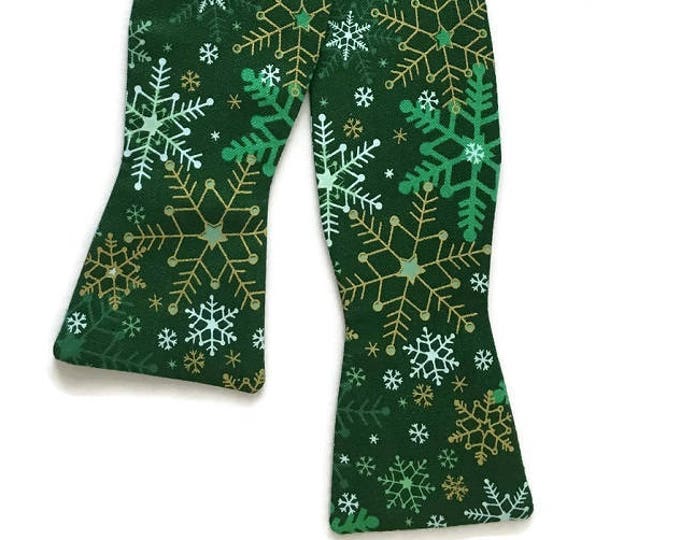 Self-Tie Bow Tie - Snowflake Green White and Silver Metallic Design - Mens and Boys Sizing - Crafted in the USA