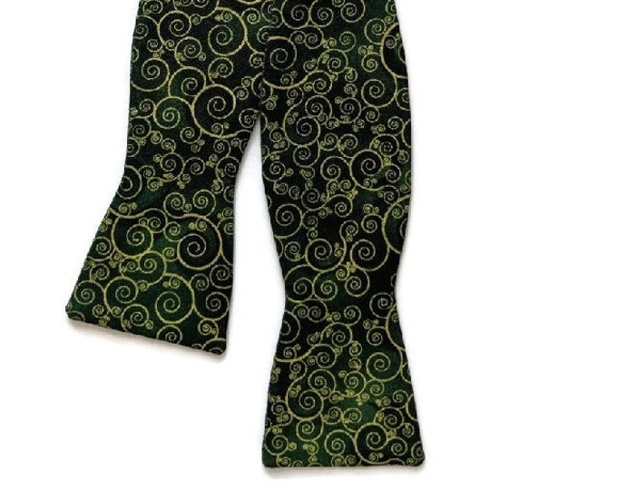 Self-Tie Bow Tie - Green with Gold Metallic Swirl Design - Mens and Boys Sizing - Crafted in the USA