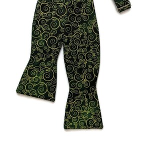 Self-Tie Bow Tie - Green with Gold Metallic Swirl Design - Mens and Boys Sizing - Crafted in the USA