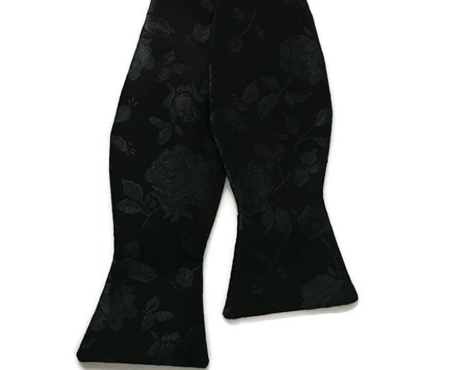 Handmade Self-tie Bow Tie - Black Floral Rose Design - Satin Jacquard - Adult Men's - Handcrafted in the USA