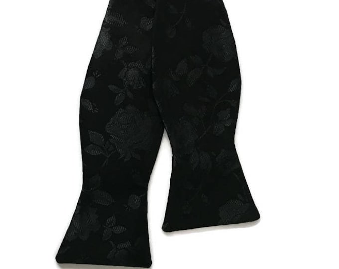 Handmade Self-Tie Bow Tie - Black Rose Satin Jacquard - Adult Men's and Boys Sizing - Crafted in the USA