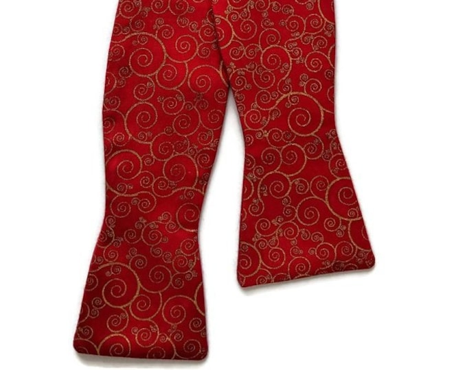 Self-tie Bow Tie - Red with Gold Metallic Swirl Design - Mens and Boys Sizing - Crafted in the USA