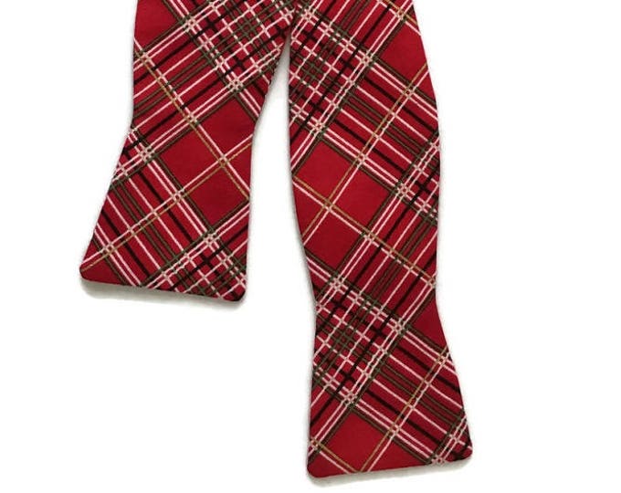 Self-Tie Bow Tie - Red Holiday Plaid with Gold Metallic Design - Mens and Boys Sizing - Crafted in the USA