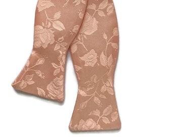 Wedding Self-Tie Bow Tie - Peach Rose Satin Jacquard - Adult Men's Sizing - Handcrafted in the USA