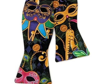 Mardi Gras Self-Tie Bow Tie - Multi Colored Masquerade Mask & Fleur Des Lis Cotton Bow Tie - Adult Men's Sizing