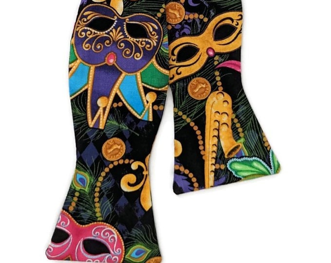 Mardi Gras Self-Tie Bow Tie - Multi Colored Masquerade Mask & Fleur Des Lis Cotton Bow Tie - Adult Men's Sizing