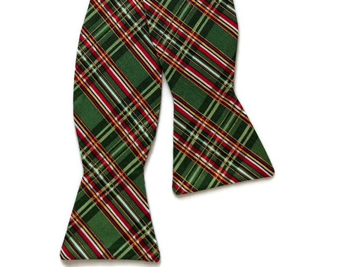 Handmade Self-Tie Bow Tie - Green and Red with Gold Metallic Holiday Plaid Design- Men's and Boys Sizing - Crafted in the USA