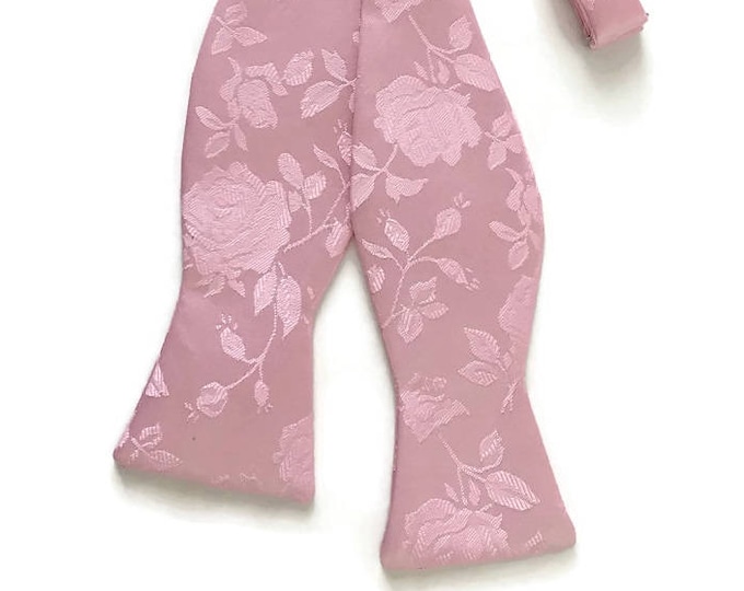 Handmade Self-Tie Bow Tie - Pink Rose Satin Jacquard - Adult Men's and Boys Sizing - Crafted in the USA
