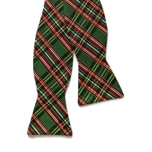 Handmade Self-Tie Bow Tie - Green and Red with Gold Metallic Holiday Plaid Design- Men's and Boys Sizing - Crafted in the USA