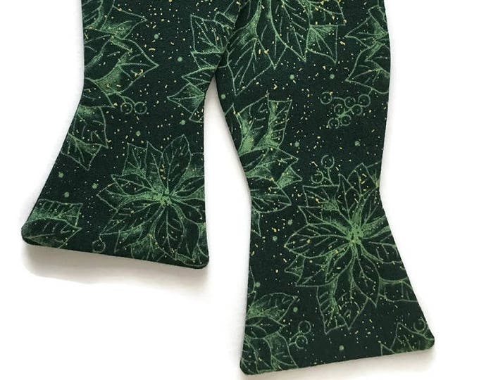 Holiday Self-Tie Bow Tie - Poinsettias Hunter Green with Gold Metallic - Adult Men's & Boy's Sizing - Handcrafted in the USA