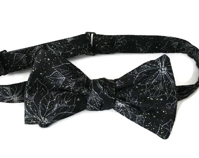Handmade Pre-tied Bow Tie - Black Christmas Poinsettias - Cotton - Adult Men's Sizing - Crafted in the USA