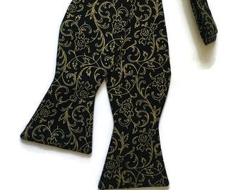 Handmade Self-Tie Bow Tie - Black with Gold Metallic Roses & Swirls Holiday Design- Men's and Boys Sizing - Crafted in the USA