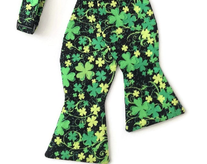 St. Patrick's Day Self-Tie Bow Tie - Black and Green Shamrocks with Sparkle Glitter - Adult Men's & Boy's Sizing - Handcrafted in the USA
