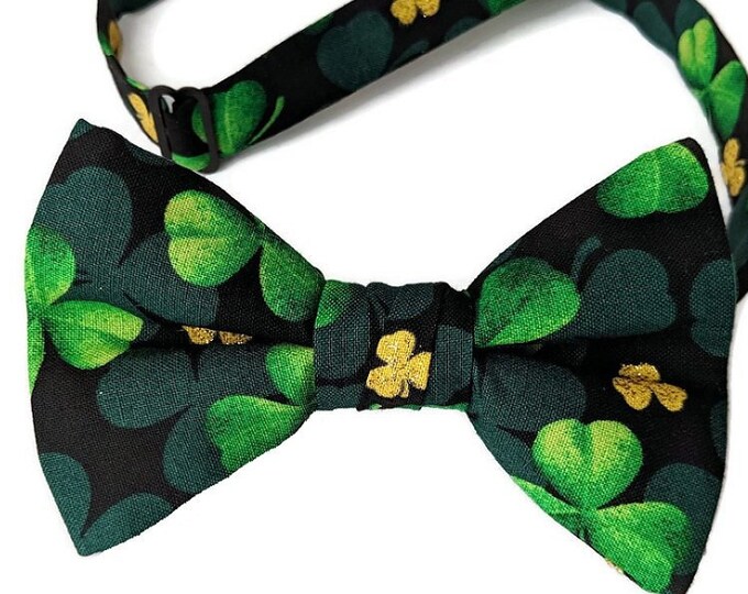 Pre-Tied Bow Tie - Black with Shades of Green Shamrocks Touched with Gold Metallic Clovers St. Patrick's Day - Adult Men's and Boys Sizing