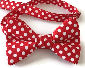 Handmade Pre-Tied Bow Tie - Red with White Polka Dot Cotton Bow Tie - Adult Men's to Baby Sizing - Crafted in the USA