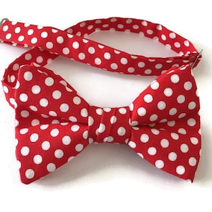 Handmade Pre-Tied Bow Tie - Red with White Polka Dot Cotton Bow Tie - Adult Men&#39;s to Baby Sizing - Crafted in the USA