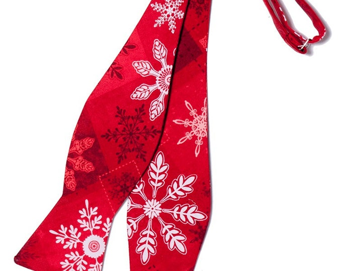Holiday Self-tie Bow Tie - Red Snowflakes - Adult Mens Sizing - Handcrafted in the USA
