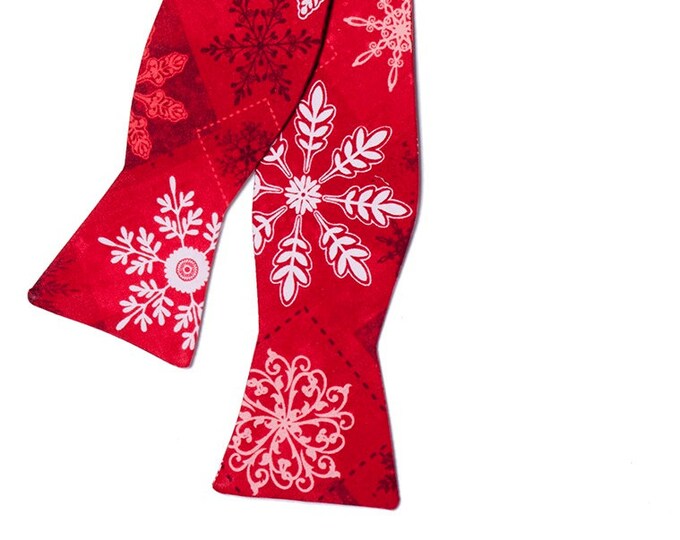 Handmade Self-Tie Bow Tie - Red and White Snowflakes Holiday Design - Boys & Adult Mens Sizing - Crafted in the USA - 208.860.0879