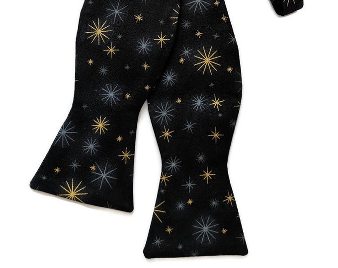 Handmade Self-tie Bow Tie - Black with Gold Metallic and Grey Stars Holiday Design- Men's Sizing - Handcrafted in the USA