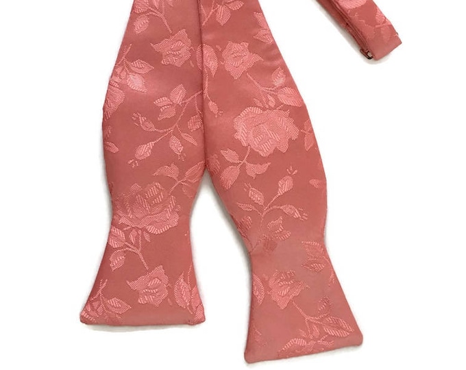 Handmade Self-Tie Bow Tie - Coral Rose Satin Jacquard - Adult Men's and Boys Sizing - Crafted in the USA