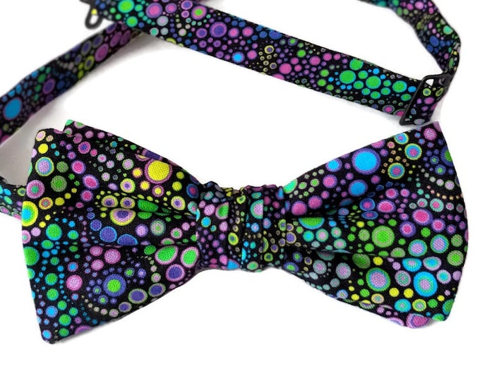 Mardi Gras Bow Tie - Dotted Multi-Colored Handmade Pre-tied Cotton - Baby to Adult Men's Sizing - Crafted in the USA