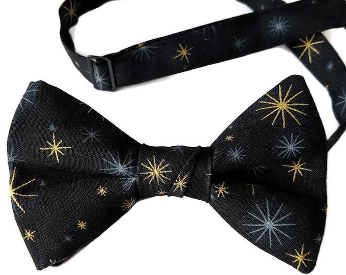 Pretied Adjustable Bow Tie - Black with Gold Metallic and Grey Stars Cotton - Adult Men's Sizing - Handcrafted in the USA