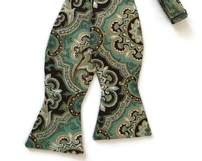 Handmade Self-Tie Bow Tie - Teal & Brown Paisley with Touches of Gold Metallic  - Men's and Boys Sizing - Crafted in the USA
