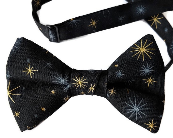 Handmade Pre-Tied Bow Tie - Black with Gold Metallic and Grey Stars Cotton Bow Tie - Baby to Adult Men's Sizing - Crafted in the USA