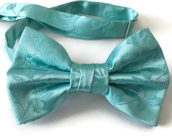 Handmade Pre-Tied Bow Tie - Aqua Mint Rose Satin Jacquard - Baby to Adult Men's Sizing - Crafted in the USA